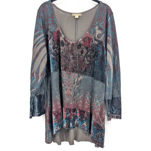 Energe World Wear Tunic Top Womens Plus 3X Blue Mixed‎ Media Velvet Artsy Shirt